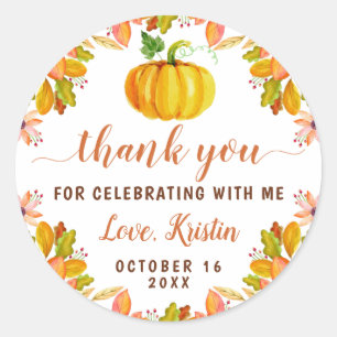 Watercolor Autumn Floral Pumpkin Fall Thank You Classic Round Sticker