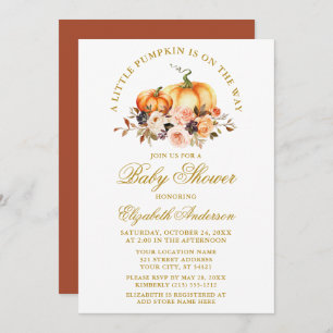 Watercolor Autumn Floral Pumpkins Baby Shower Gold Invitation