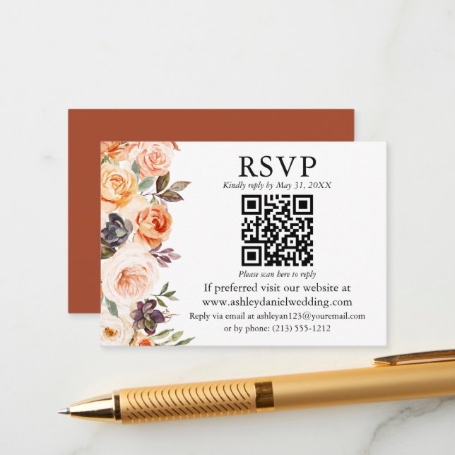 Watercolor Autumn Floral QR RSVP Terracotta Enclosure Card (Front/Back In Situ)