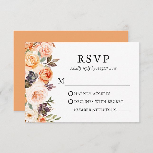 Watercolor Autumn Floral Wedding Peach RSVP Card (Front/Back)