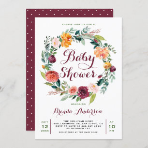 Watercolor Autumn Floral Wreath Baby Shower Invitation