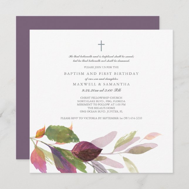 Watercolor Autumn Foliage Baptism Invitation (Front/Back)