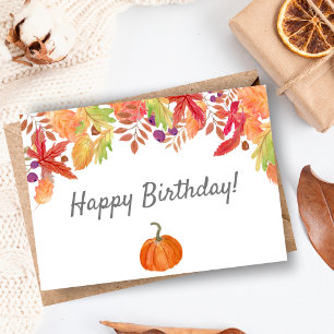 Watercolor Autumn Foliage With Pumpkin Birthday Card