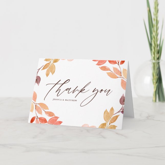 Watercolor Autumn Foliage Wreath Wedding Thank You Card (Front)