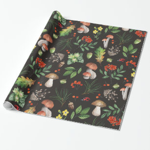Watercolor Autumn Forest Leaves Mushrooms Floral Wrapping Paper