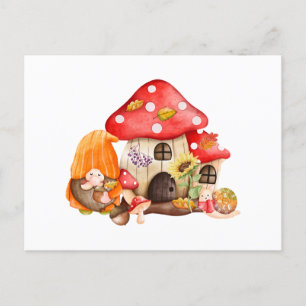Watercolor Autumn Gnome and Mushroom House Postcard