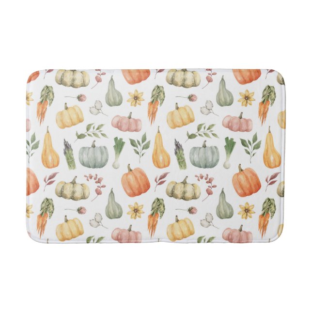 Watercolor Autumn Harvest Pattern Bath Mat (Front)