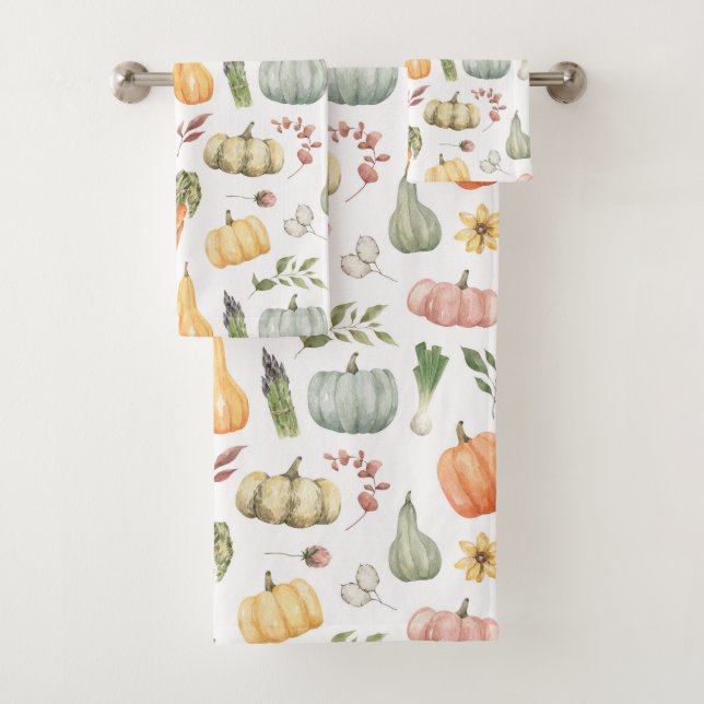 Watercolor Autumn Harvest Pattern Bath Towel Set (Insitu)
