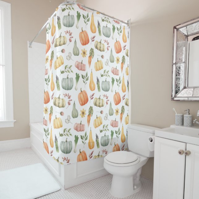 Watercolor Autumn Harvest Pattern Shower Curtain (In Situ)