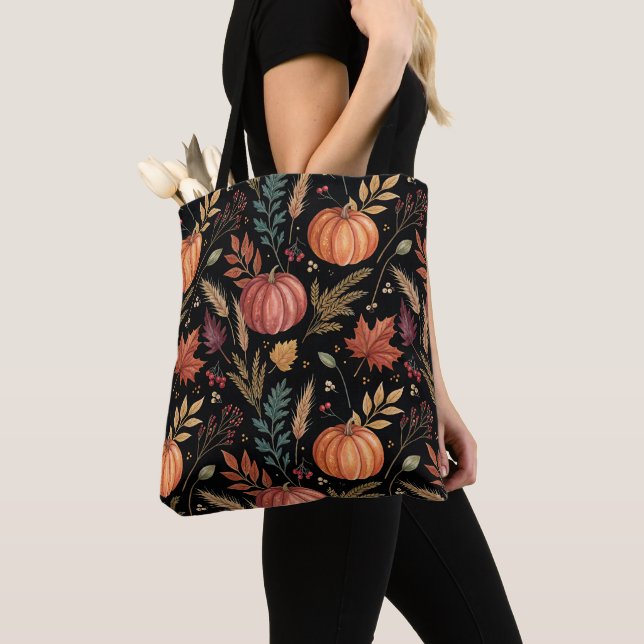 Watercolor Autumn Harvest Pattern Tote Bag (Close Up)