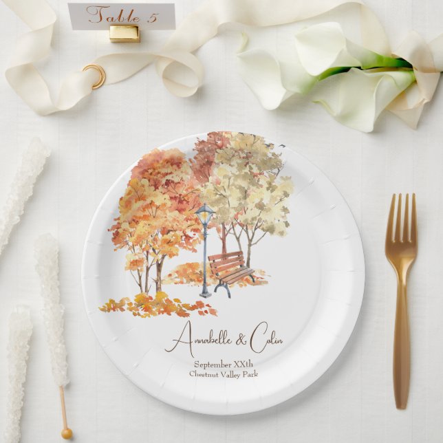 Watercolor Autumn in the Park Wedding Paper Plate (Wedding)