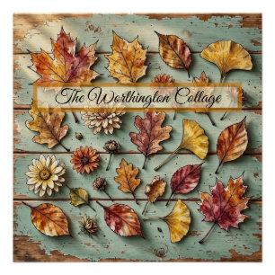 Watercolor Autumn Leaves and Wood Rustic Fall Art Poster