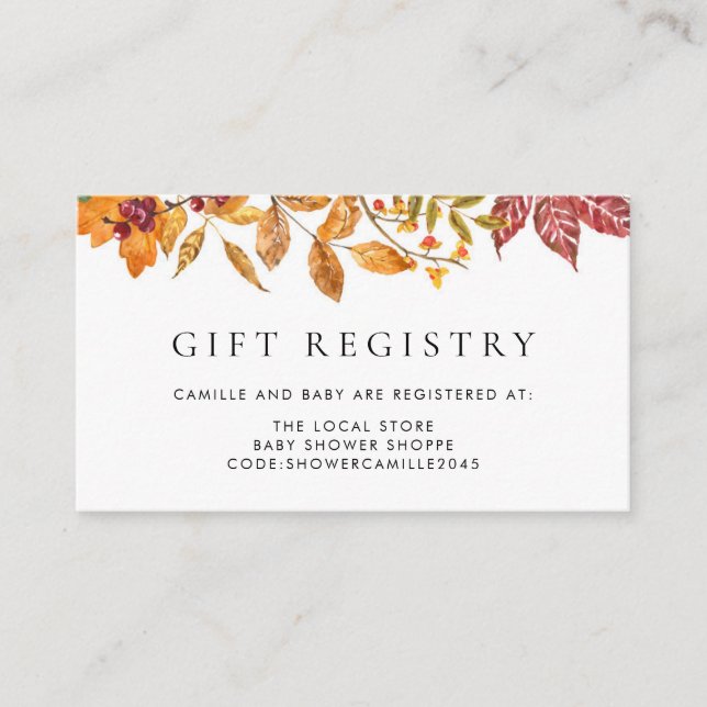 Watercolor Autumn Leaves Baby Shower Registry Enclosure Card (Front)