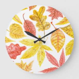 Watercolor autumn leaves, colourful pattern. large clock