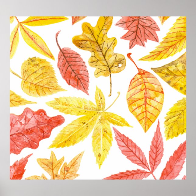 Watercolor autumn leaves, colourful pattern. poster (Front)