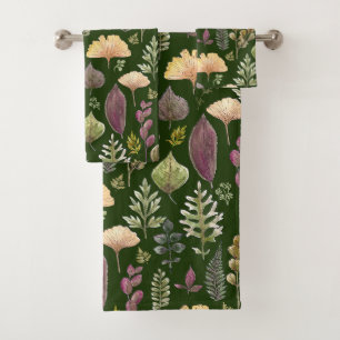 Watercolor Autumn Leaves Forest Green  Bath Towel Set