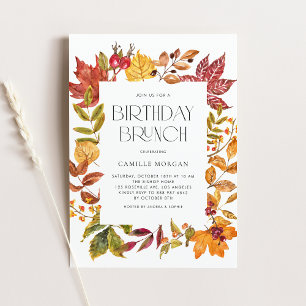 Watercolor Autumn Leaves Frame Birthday Brunch Invitation