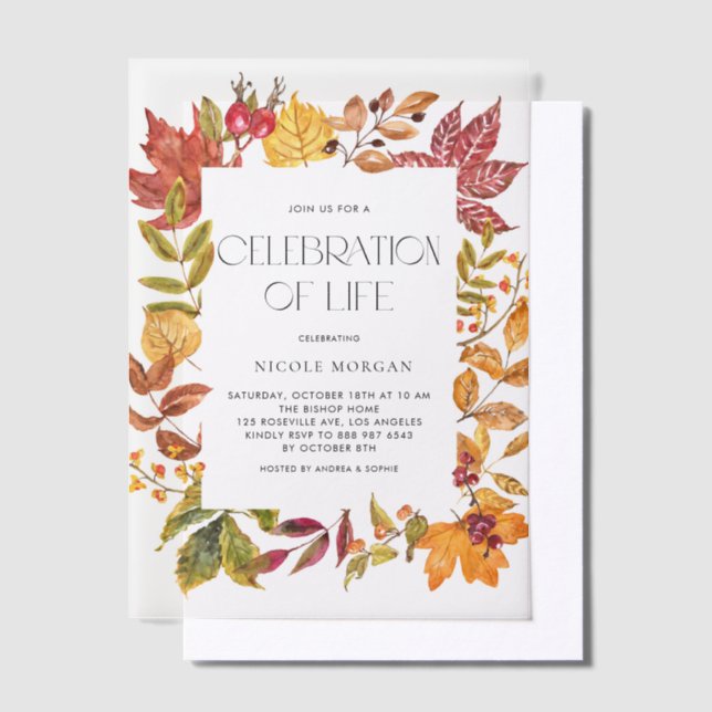 Watercolor Autumn Leaves Frame Celebration of Life Vellum Invitations (Offset)