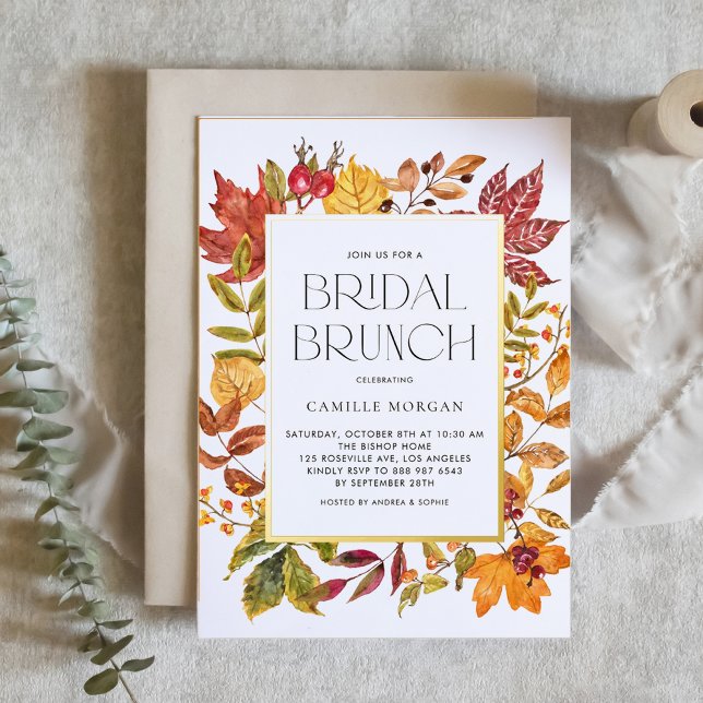 Watercolor Autumn Leaves Frame Fall Bridal Brunch (Customizable fall bridal brunch invitation featuring watercolor autumn foliage and gold foil frame)