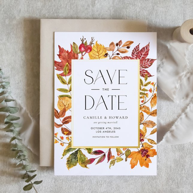 Watercolor Autumn Leaves Frame Fall Save the Date (Customizable Fall Save the Date Card with Gold Foil Frame and Autumn Foliage)