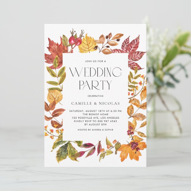 Watercolor Autumn Leaves Frame Fall Wedding Party Invitation (Standing Front)