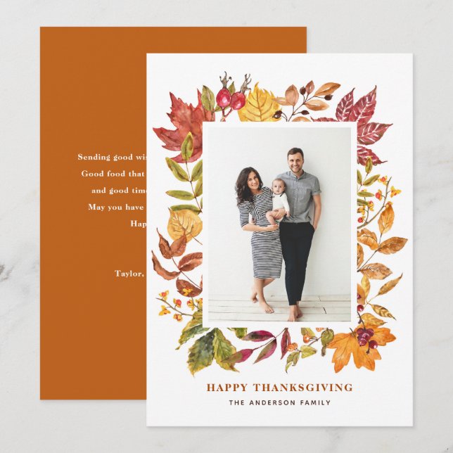 Watercolor Autumn Leaves Frame Thanksgiving Photo Holiday Card (Front/Back)