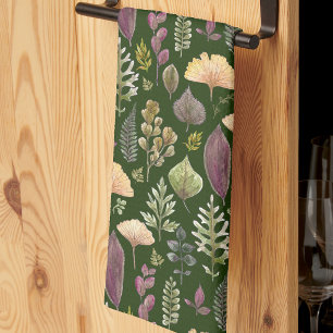 Watercolor Autumn Leaves Green Kitchen Towel