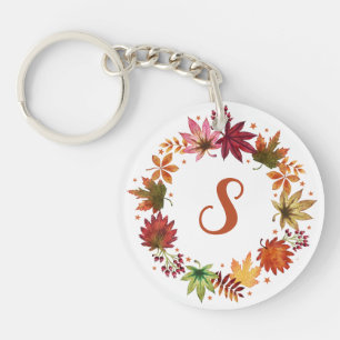 Watercolor Autumn Leaves Harvest Monogram Key Ring