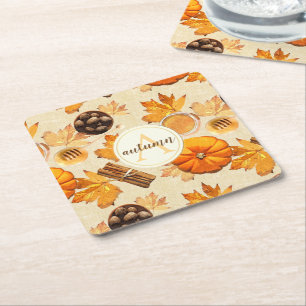 Watercolor Autumn Magic Vintage Scents Monogram Square Paper Coaster