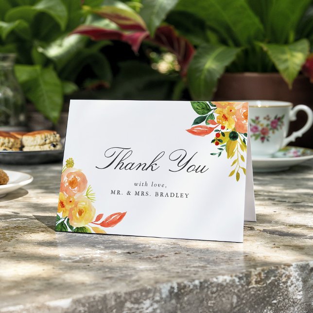 Watercolor Autumn Peach Floral Wedding Thank You Card (Creator Uploaded)