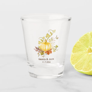 Watercolor Autumn Pumpkin and Leaves Wedding Favor Shot Glass