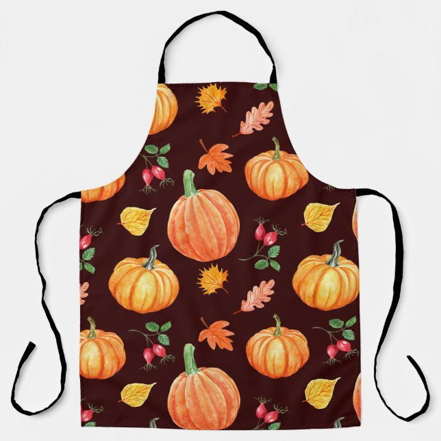 Watercolor Autumn Pumpkin Floral Pattern Apron (Front)