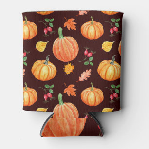 Watercolor Autumn Pumpkin Floral Pattern Can Cooler