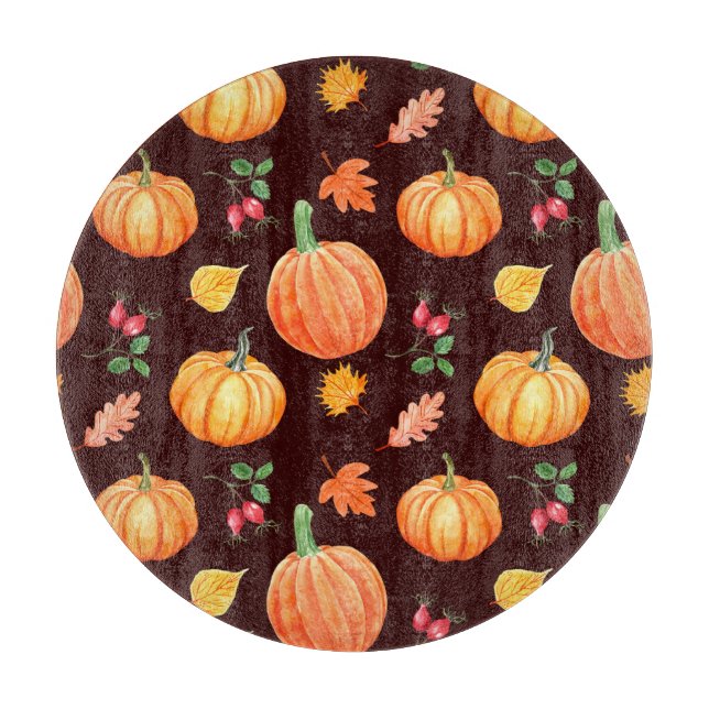 Watercolor Autumn Pumpkin Floral Pattern Cutting Board (Front)