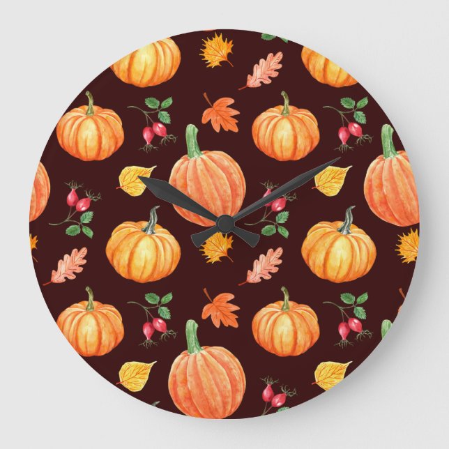 Watercolor Autumn Pumpkin Floral Pattern Large Clock (Front)