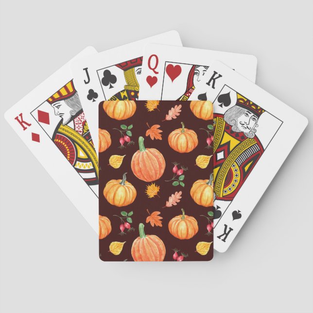 Watercolor Autumn Pumpkin Floral Pattern Playing Cards (Back)