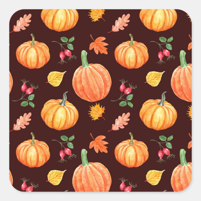 Watercolor Autumn Pumpkin Floral Pattern Square Sticker (Front)