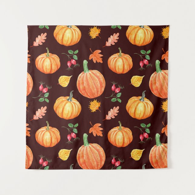 Watercolor Autumn Pumpkin Floral Pattern Tapestry (Front)