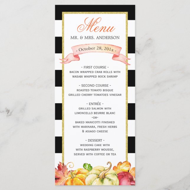 Watercolor Autumn Pumpkin Leaves Fall Wedding Menu (Front)