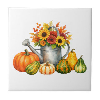 Watercolor Autumn Pumpkins and Watering Can Tile