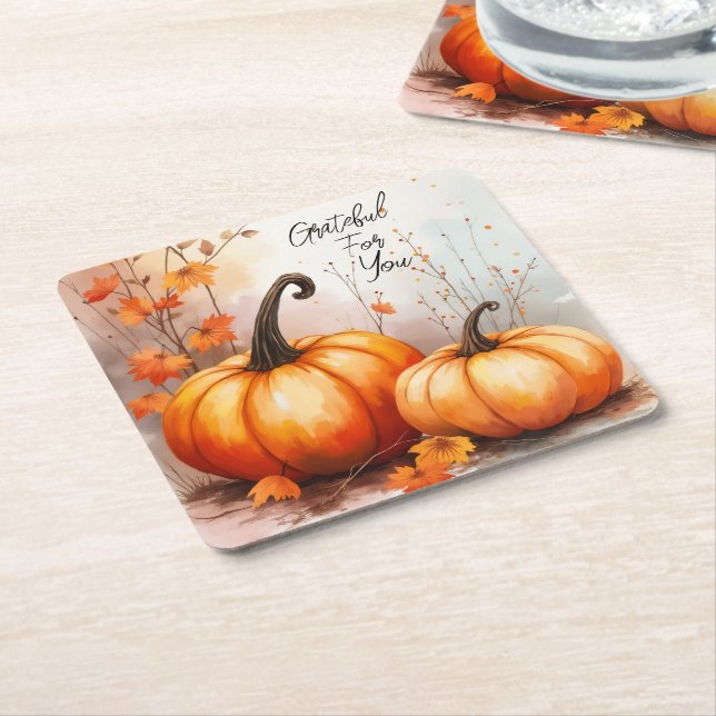 Watercolor Autumn Pumpkins Grateful Square Paper Coaster (Angled)