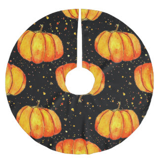 Watercolor autumn pumpkins, Halloween print Brushed Polyester Tree Skirt