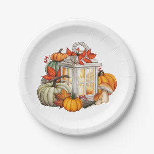 Watercolor Autumn Pumpkins, Leaves and Berries Paper Plate