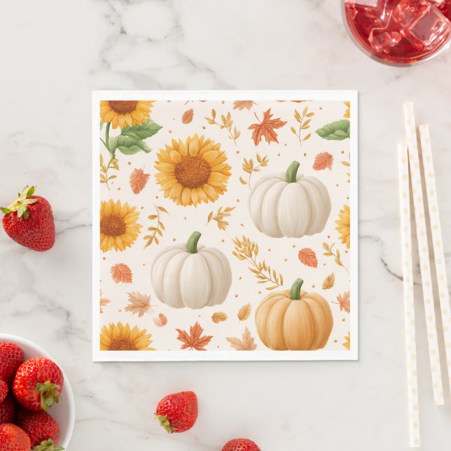 Watercolor Autumn Pumpkins & Sunflowers Pattern Napkin (Insitu)