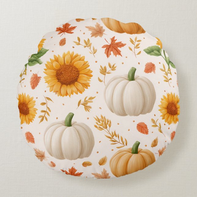 Watercolor Autumn Pumpkins & Sunflowers Pattern Round Cushion (Front)