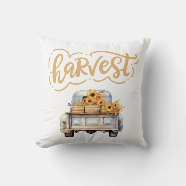 Watercolor Autumn Pumpkins,Vintage Harvest Truck Cushion (Front)