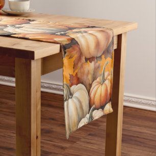 Watercolor Autumn Pumpkins with Leaves Long Table Runner