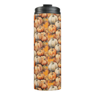 Watercolor Autumn Pumpkins with Leaves Thermal Tumbler
