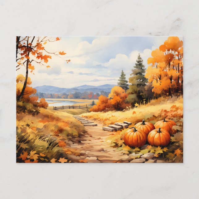 Watercolor Autumn Road Pumpkin Falling Leaves Announcement Postcard (Front)