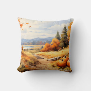 Watercolor Autumn Road Pumpkin Falling Leaves Cushion